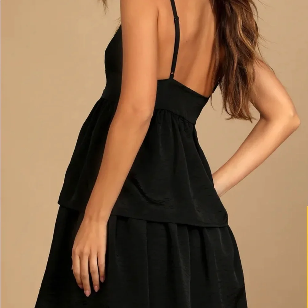New With Tags! Lulu’s little black dress XS Party Pose Satin tiered min dress. - Picture 2 of 7